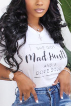 White O Neck Short Sleeve Letter Print Tops