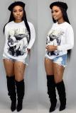 White O Neck Long Sleeve Print Tees & T-shirts