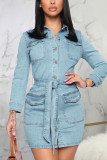 Light Blue Sexy Solid Patchwork Turndown Collar Pencil Skirt Dresses