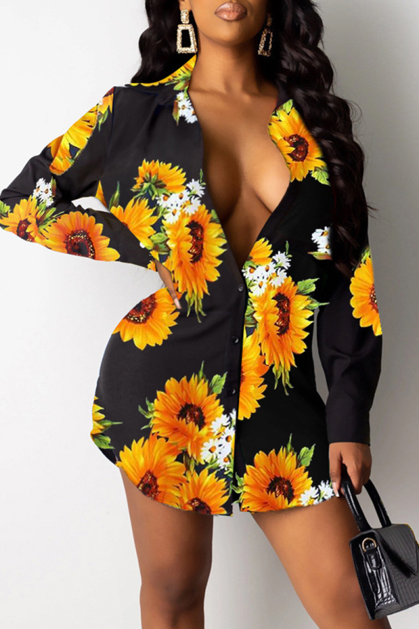 Black Yellow Casual Print Patchwork Turndown Collar Shirt Dress Dresses