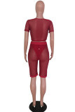 Red Casual adult Fashion Mesh Patchwork Three-Piece Suits Solid pencil Short Sleeve Two-Piece