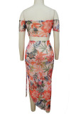 Pink Sexy Print Patchwork Frenulum High Opening Asymmetrical Off the Shoulder Short Sleeve Two Pieces