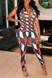 Red Fashion Sexy Print Basic V Neck Skinny Jumpsuits