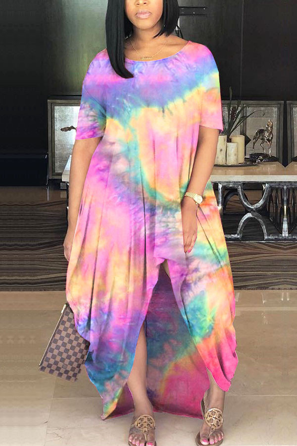 Orange Milk. Fashion adult Ma'am Street Cap Sleeve Short Sleeves O neck Princess Dress Floor-Length Print Tie and dye asymmetrical Dresses