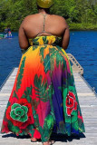 Red Sexy Print Patchwork Frenulum Halter Pleated Plus Size Dresses
