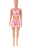 Pink Sexy Print Patchwork U Neck Sleeveless Two Pieces