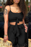 Black Casual Solid Flounce Spaghetti Strap Sleeveless Two Pieces