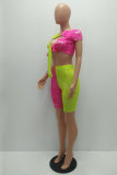 Fluorescent green Fashion adult Street Letter Patchwork Print Bandage Two Piece Suits HOLLOWED OUT pencil Short Sleeve Two Pieces