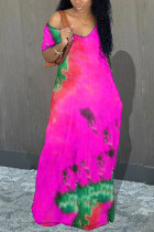 rose red Milk. Fashion adult Ma'am Street Cap Sleeve Short Sleeves V Neck Pencil Dress Floor-Length Tie and dye Dresses