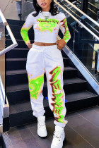 Green Fashion Casual Adult Print Patchwork O Neck Long Sleeve Regular Sleeve Short Two Pieces