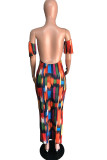 colour England Off The Shoulder Short Sleeves One word collar Pencil Dress Ankle-Length Print backless Dresses