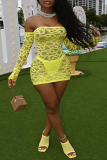 Yellow Sexy Solid Lace Off the Shoulder Pencil Skirt Dresses