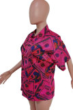 Red Nylon Turndown Collar Short Sleeve Patchwork Print Slim fit Button Tops
