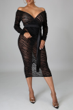 Black Sexy Print Patchwork V Neck Irregular Dress Dresses