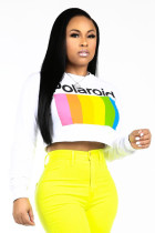 White O Neck Long Sleeve Letter Solid Print Tees & T-shirts