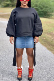 Black Casual Blends Solid Frenulum Pullovers O Neck Tops