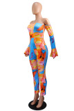 Orange Fashion Sexy Print Bateau Neck Skinny Jumpsuits