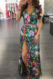 Red Fashion adult Sexy Patchwork Print Two Piece Suits Split Floral bow-knot Hip skirt Short S