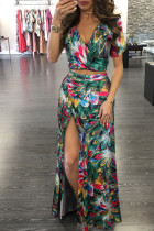 Multi-color Fashion adult Sexy Patchwork Print Two Piece Suits Split Floral bow-knot Hip skirt Short S