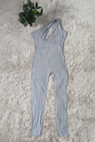 Grey Fashion Sexy Solid Hollowed Out Backless One Shoulder Skinny Jumpsuits