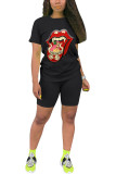 Black Fashion adult Ma'am Street Print Two Piece Suits Straight Short Sleeve Two Pieces