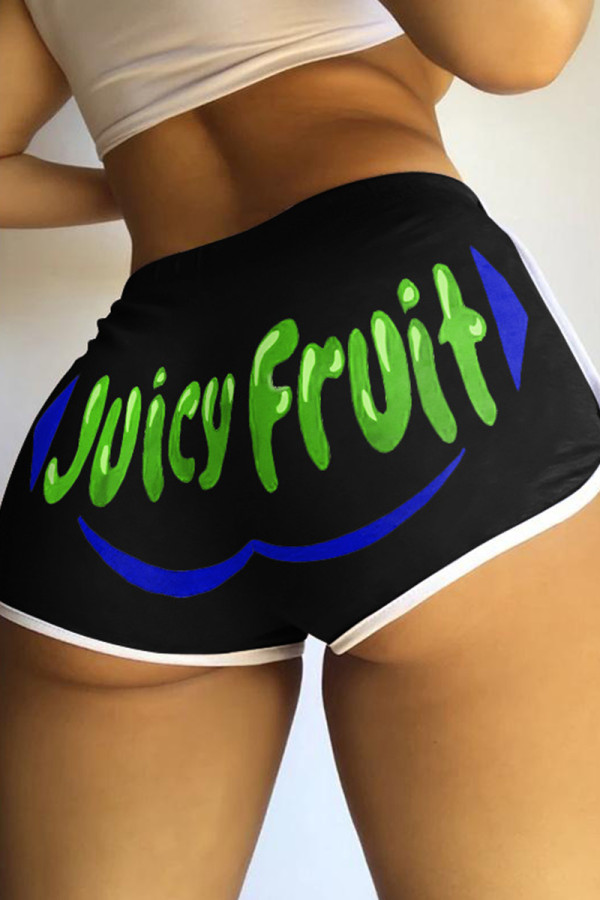 Black Green Fashion Casual Letter Print Basic Regular Mid Waist Shorts