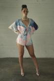 Pink Fashion Sexy Print Button Short Sleeve Rompers
