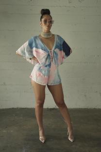 Pink Fashion Sexy Print Button Short Sleeve Rompers