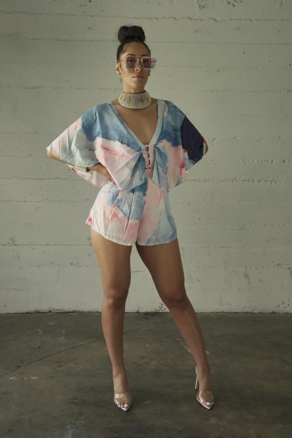 Pink Fashion Sexy Print Button Short Sleeve Rompers