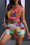 Pink Fashion Casual Print Basic One Shoulder Sleeveless Two Pieces
