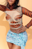 Tangerine Red Sexy Print Patchwork Turtleneck Tops