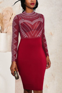 Burgundy Street Print See-through Mesh O Neck Pencil Skirt Dresses