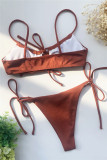 Deep Coffee Fashion Sexy Solid Bandage Backless Swimwears
