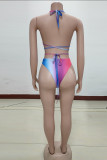 Yellow Fashion Sexy Print Backless Strap Design Halter Sleeveless Three-piece Set