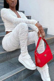 White Casual Striped Solid Patchwork V Neck Long Sleeve Regular Sleeve Short Two Pieces