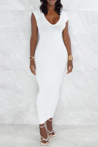 White Sexy Solid Patchwork Backless Slit Zipper V Neck Pencil Skirt Dresses