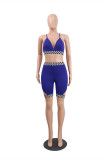 Blue Sexy Casual Patchwork Hollowed Out Backless V Neck Sleeveless Two Pieces