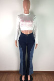 Blue Work Daily Solid Patchwork Mid Waist Regular Jeans