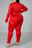 Red Fashion Casual Solid Basic Turtleneck Plus Size Set
