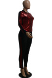 Red Fashion Active adult Patchwork Sequin Gradient Two Piece Suits pencil Long Sleeve Two Pieces