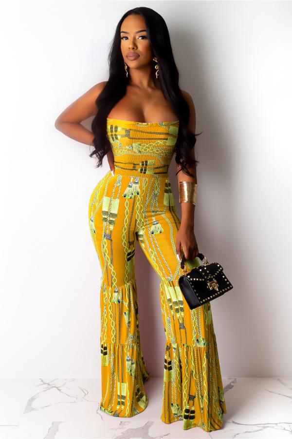 Yellow Sexy Print Draped Sleeveless Wrapped 