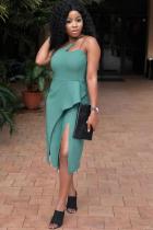 Grass Green Sexy Fashion Solid Split Asymmetrical Sleeveless Asymmetrical Collar Rompers