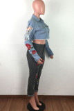 Grey Street Print Embroidered Patchwork Mid Waist Regular Denim (Without Belt)