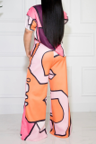 Multicolor Casual Print Patchwork O Neck Short Sleeve Two Pieces