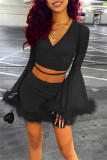 Black Fashion Sexy Solid Leopard Patchwork V Neck Long Sleeve Two Pieces