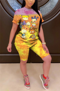 Yellow Casual Print Patchwork O Neck Short Sleeve Two Pieces