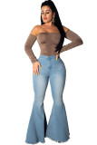 Blue Denim Button Fly Zipper Fly High Zippered Solid washing Pocket Boot Cut Pants Pants