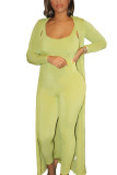 Fluorescent green Sexy Solid Patchwork Spaghetti Strap Long Sleeve Two Pieces