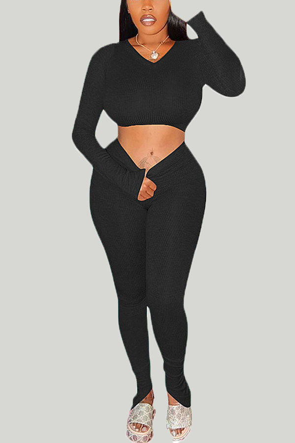 Black Casual Europe and America Solid pencil Long Sleeve Two Pieces