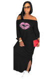 Black Casual Off The Shoulder 3/4 Length Sleeves One word collar Straight Ankle-Length Print Casual Dress